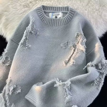 Men's Distressed Crew Neck Pullover Retro Knit Sweater
